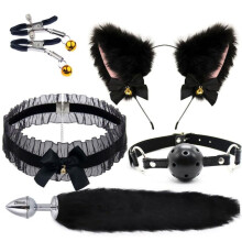 Black Lace Five-Piece Set, Faux Fox Tail Costume Accessory for Masquerade, Cosplay, Anime, Festival Parties, Couples