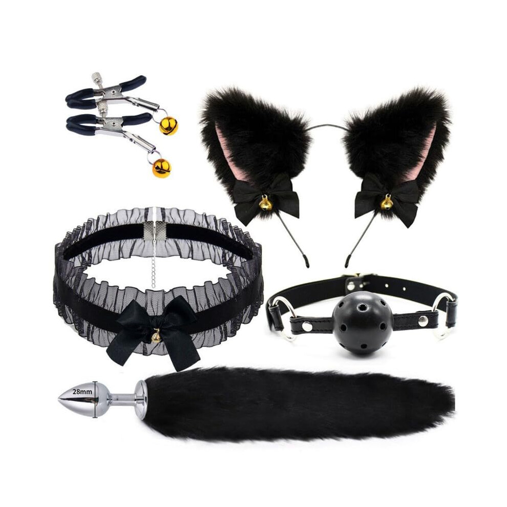 Black Lace Five-Piece Set, Faux Fox Tail Costume Accessory for Masquerade, Cosplay, Anime, Festival Parties, Couples