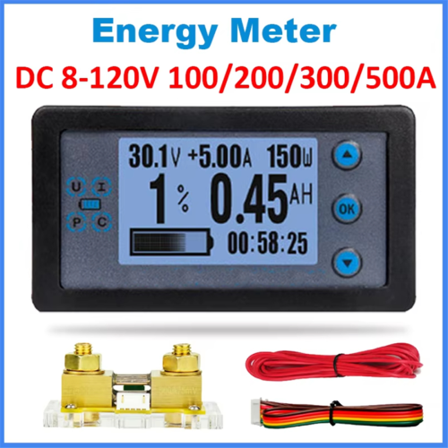 Ψηφιακός μετρητής ενέργειας DC 8-120V, πολυλειτουργικός κουλομπόμετρος 100A 1