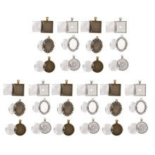 60pcs Jewelry DIY Metal Pendant Base Tray Glass Dome Kit, Assorted Sizes
