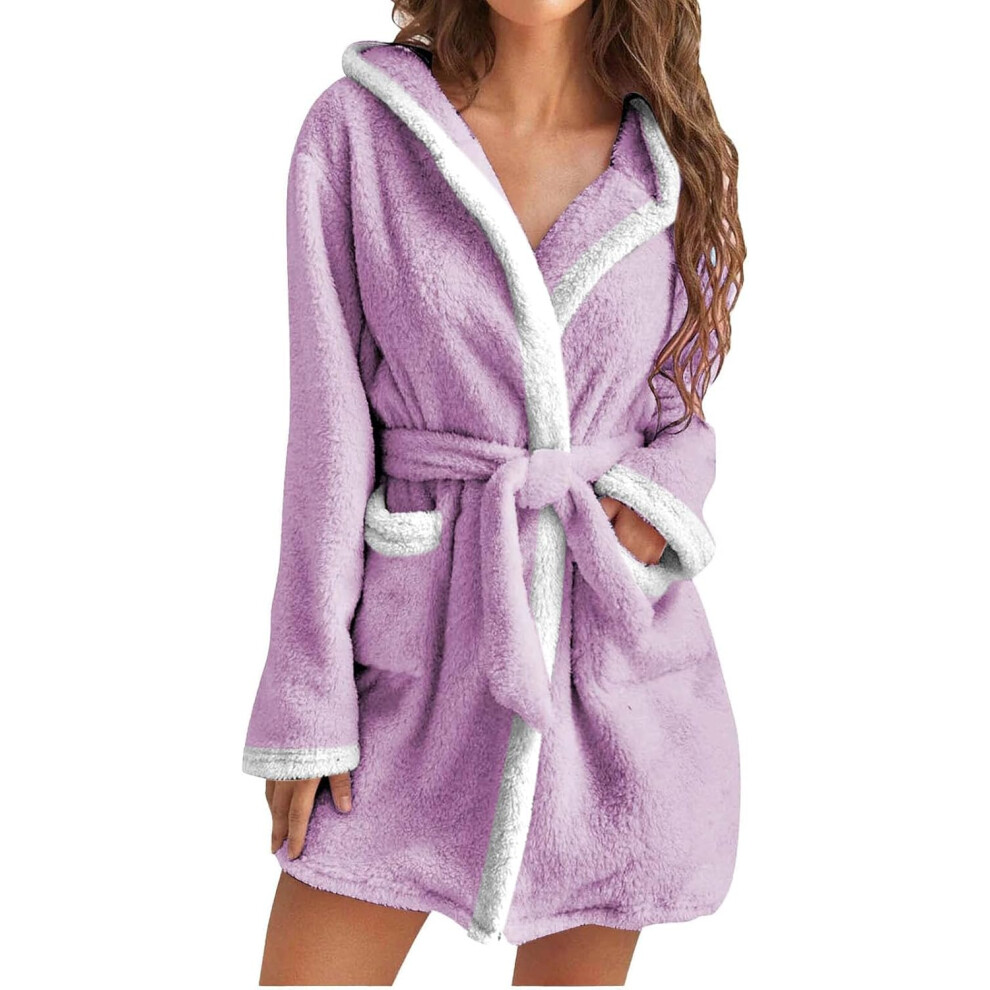 (XXL, 001* Purple) Womens Fuzzy Robes Hooded Short Robe Fall Winte Mid Length Bathrobe Belted Soft Bath Robes Plush Robe with Pockets Winter Spa Robes