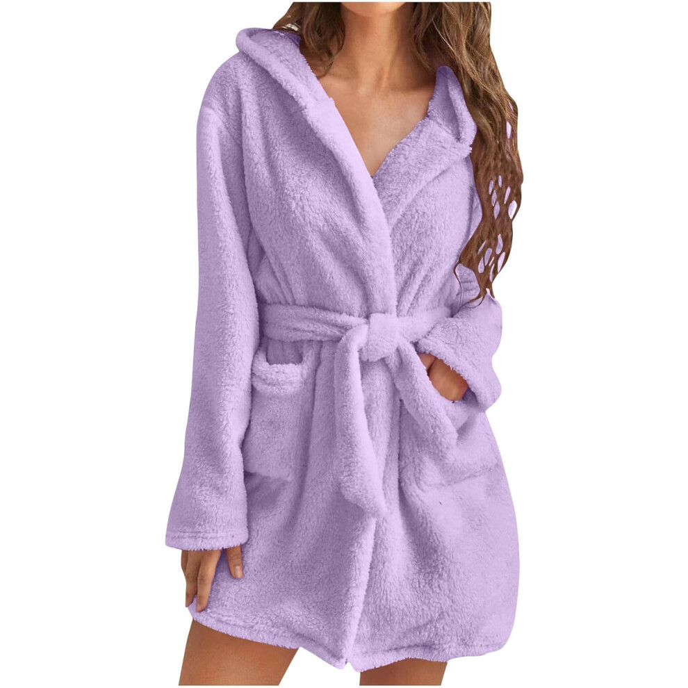 (XL, 003* Purple) Womens Fuzzy Robes Hooded Short Robe Fall Winte Mid Length Bathrobe Belted Soft Bath Robes Plush Robe with Pockets Winter Spa Robes