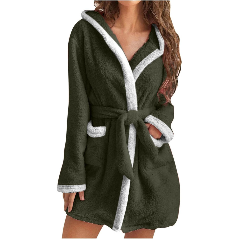 (XXL, 002* Green) Womens Fuzzy Robes Hooded Short Robe Fall Winte Mid Length Bathrobe Belted Soft Bath Robes Plush Robe with Pockets Winter Spa Robes
