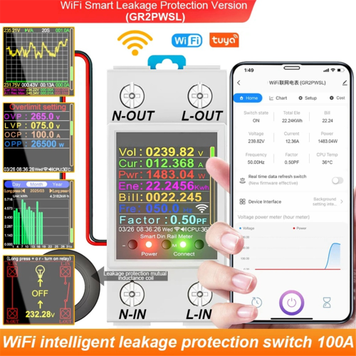 Inteligentní měřič energie na DIN lištu Tuya WiFi 1