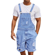 Short Dungarees Men's Ripped Denim Overalls Adjustable Straps Cargo Jumpsuit Loose Fit Summer Workwear XL P Blue2