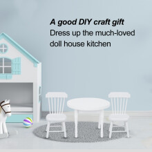 Mini Holzpuppenhaus Esszimmer Tisch- und Stühle-Set, Weiß, 9cm