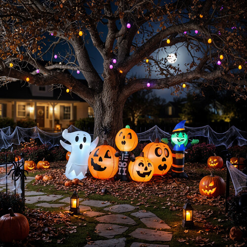 Living And Home 8ft Halloween Inflatable Pumpkin Outdoor Decorations with Witch & Ghost 1