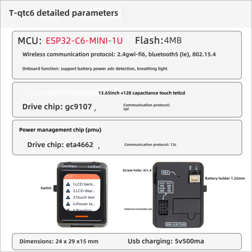 Placă QTC6 ESP32-C6, LCD de 0,85 inci, WiFi 6, Bluetooth 5.0 1