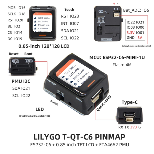 Placă QTC6 ESP32-C6, LCD de 0,85 inci, WiFi 6, Bluetooth 5.0 2