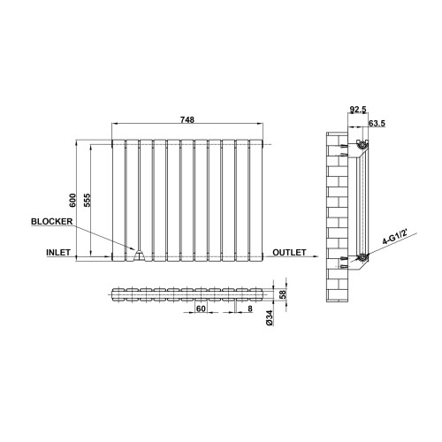 (Black, 600x748mm) Designer Flat Panel Radiator Double 1