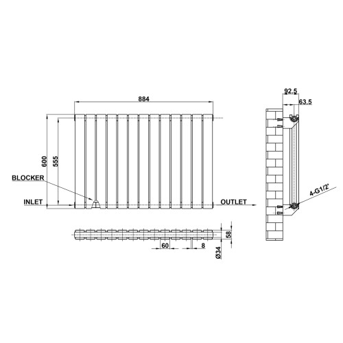 (Black, 600x884mm) Designer Flat Panel Radiator Double 1