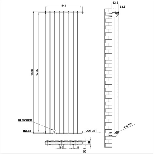 (Black, 1800x544mm) Designer Flat Panel Radiator Double 1