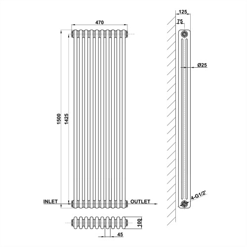 (Black, 1500x470mm) Traditional 3 Column Cast Iron Style Radiator 1