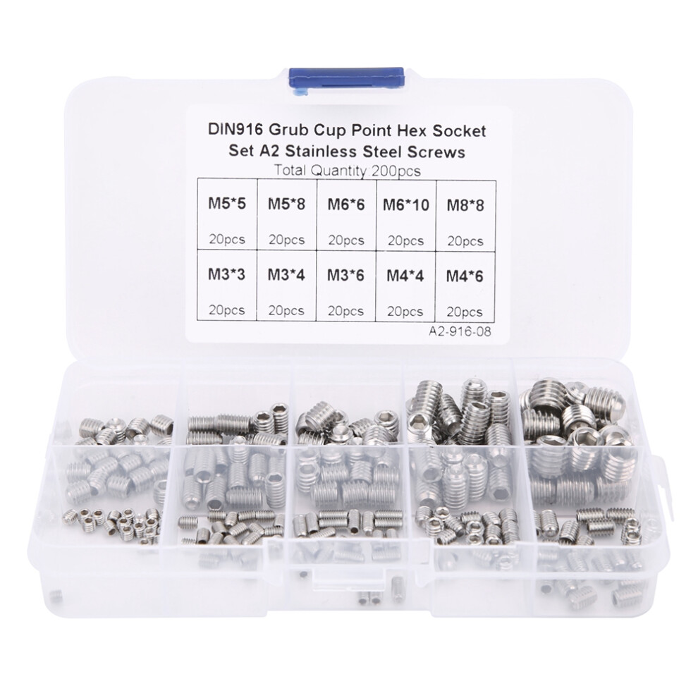 200pcs Stainless Steel Cup Point Hex Socket Grub