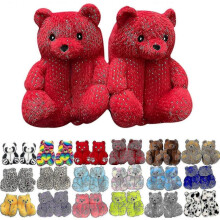 (Diamond Ironing Red) Teddy Bear Slippers Womens Plush Animal Slippers Winter Warm Shoes Faux Fur Anti Slip M Zekai