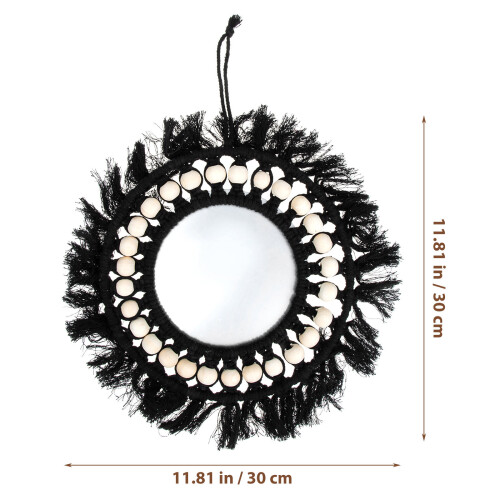 Black Handmade Tapestry Mirror with Wood Beads Decor 2