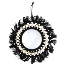 Black Handmade Tapestry Mirror with Wood Beads Decor