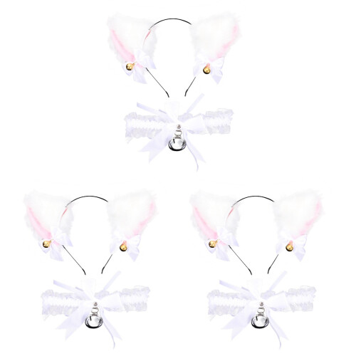 3Sets Kattenoren Hoofdband Wit Dierlijk Design Met Strik En Bell 1