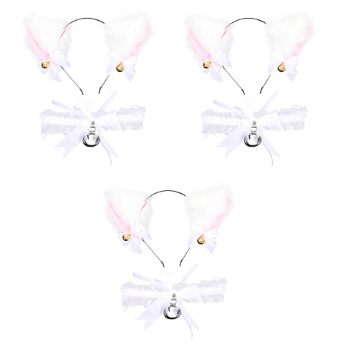 3Sets Kattenoren Hoofdband Wit Dierlijk Design Met Strik En Bell 2