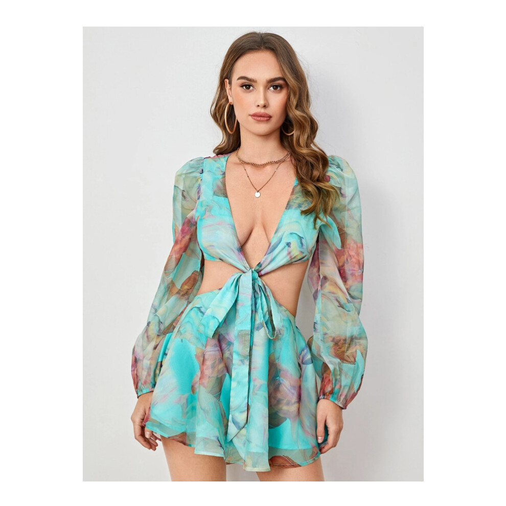 (1, L) Summer Women's Casual Jumpsuit Lantern Sleeves Knot Hollow Waist Chiffon Jumpsuit Elegant Jumpsuit-image-OPC-PKBMRPP-NEW