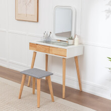 WestWood Natural White LED Mirror Dressing Table&Stool Glass Top Divided Drawer