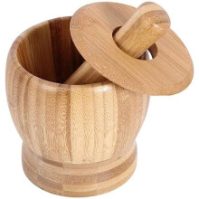 Mortar and Pestle Set Bamboo Wood Spice Grinder with Lid and Spoon for Pepper Garlic and Herb Grinding