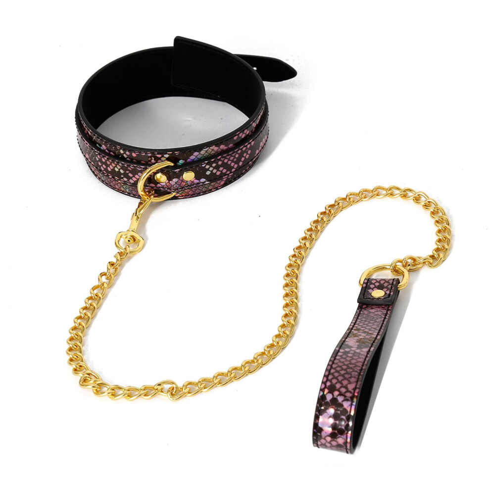 Snake Print PU Leather Collar with Leash for Adults, Role Play Accessory, Colorful Design, UKRB119