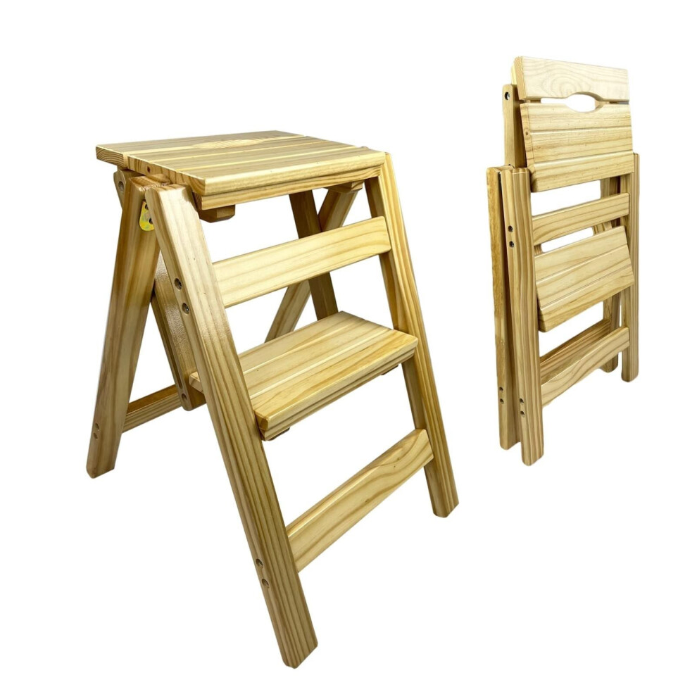 Step Stool 2-Step Folding Stepladder in Walnut Wood - Lightweight Anti-Slip Design, 150kg Capacity for Home and Kitchen-image-OPC-PKBNKDD-NEW