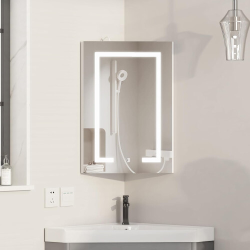 （40x60）Corner Bathroom Mirror Cabinets Wall Mounted with 3-Color Led