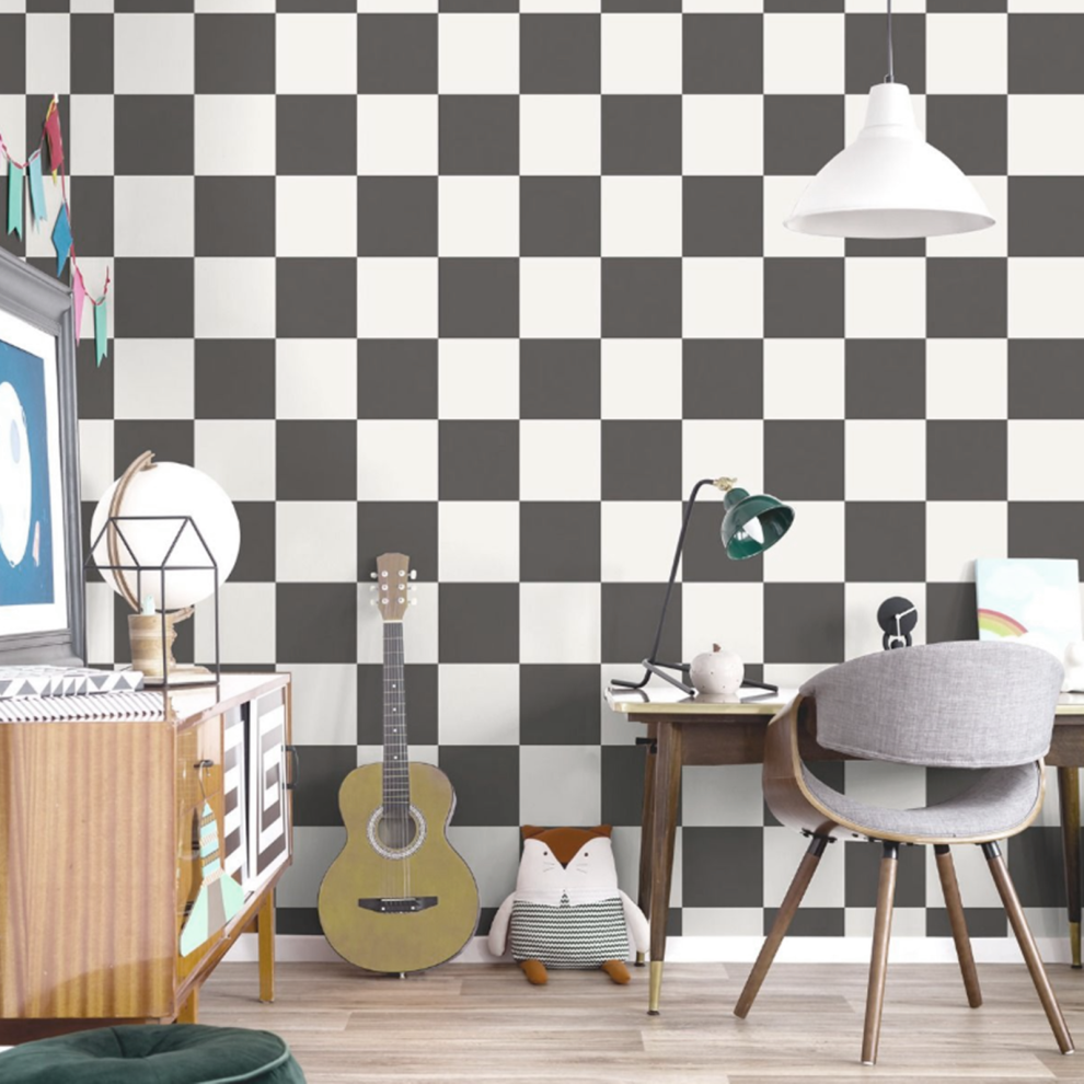 SOPHIE LAURENCE Charcoal and White Check Wallpaper – Smooth Flat Finish | Modern Feature Wall Pattern for Kids’ Bedroom - Image 3