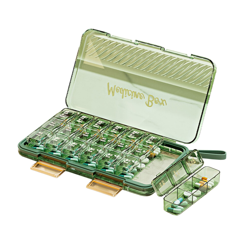 Green Transportable 7 Day Medicine Container 21 Compartments