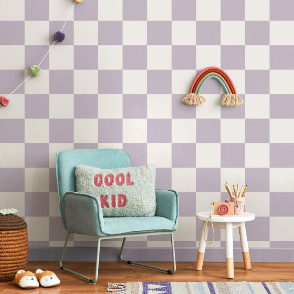 SOPHIE LAURENCE Lilac and White Check Wallpaper – Smooth Flat Finish | Kids’ Bedroom and Playroom Feature Wall Pattern - Image 4