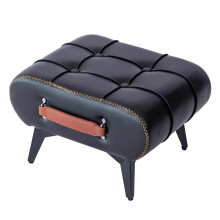 Small Leather Foot Stool with Handle, Black Padded Ottoman for Living Room, 10.2in Modern Wooden Legs, Extra Seating H26cm