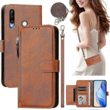 (Brown) Flip Case For P30 Lite Protection Soft Pu Leather Zipper Wallet Cover With Card Holder And Long Strap