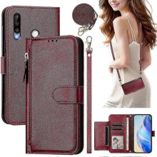 (red) Flip Case For P30 Lite Protection Soft Pu Leather Zipper Wallet Cover With Card Holder And Long Strap