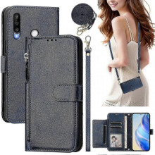 (Blue) Flip Case For P30 Lite Protection Soft Pu Leather Zipper Wallet Cover With Card Holder And Long Strap