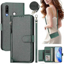 (Green) Flip Case For P30 Lite Protection Soft Pu Leather Zipper Wallet Cover With Card Holder And Long Strap