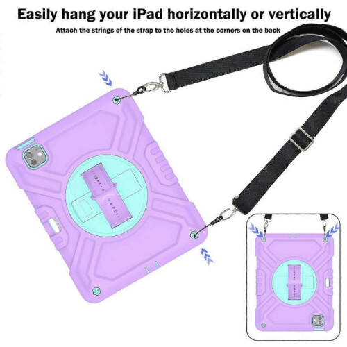 (Style E, Multicolor) X-Shaped Series for iPad Pro 11 (2024) Kickstand Case Hand Strap Tablet Cover with Shoulder Strap 1