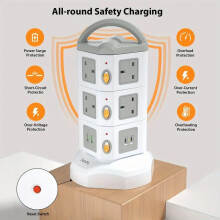 10-Outlet Power Tower with 4 USB, Multi Plug Power Extension Strip