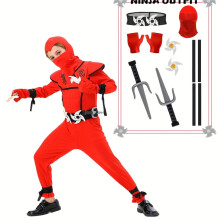 (Red, 5-6Y) Boys' Red Ninja Outfit with Accessories - High-Stretch Superhero Party Wear, Zipper Closure & Stand Collar, All-Season Dress-Up for Halloween