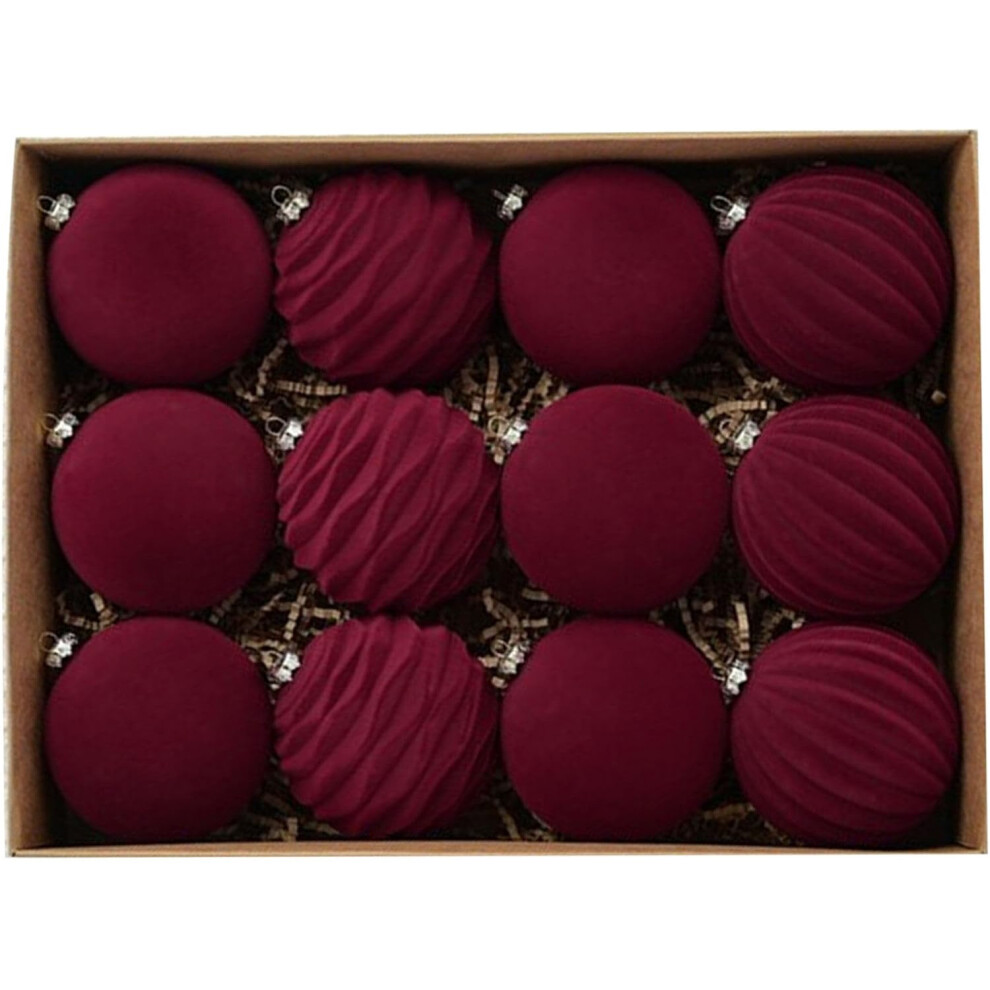 (B) Christmas Decoration 8cm Flocking Ball Dark Velvet Ornaments - 12pcs for Xmas Tree, Winter Theme Party, Outdoor Decor