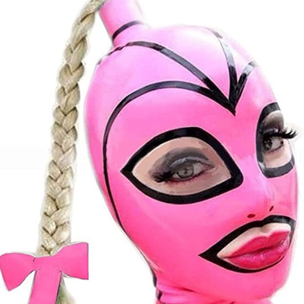 Pink Natural Latex Hood Rubber Mask with Wig, Back Zipper, XL Size 70CM, Fetish BDSM Role Play Costume