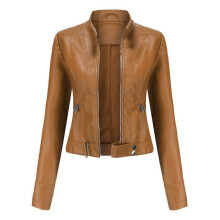 (M, Brown) Women's Short Leather Jacket Spring Autumn Standing Collar Women's Leather Jacket
