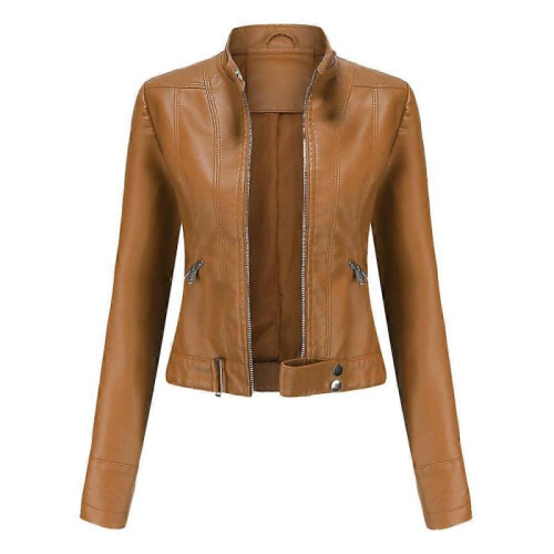 (M, Brown) Women's Short Leather Jacket Spring Autumn Standing Collar Women's Leather Jacket