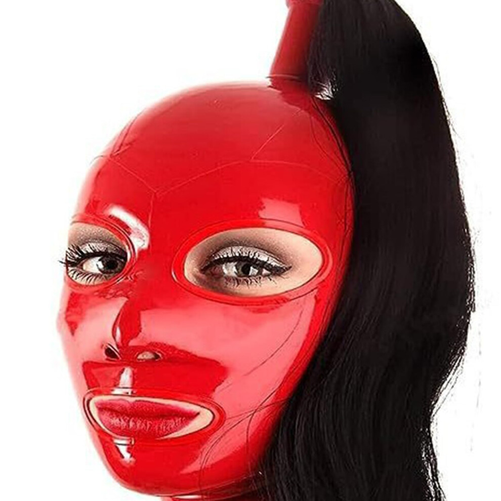 SM Latex Hood with Wig Open Eyes Mouth, XXL 73CM Rubber Face Mask for Role Play and BDSM Activities
