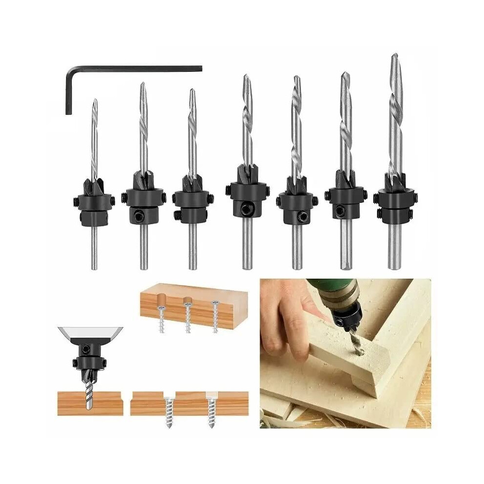 7Pcs Countersink Drill Bit Set With Stop Collar, High Speed Steel Woodworking Bits For Chamfering And Hole Drilling 9016109633200