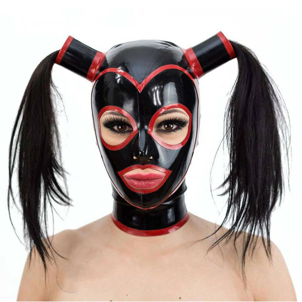 Latex Hood Rubber Head Mask with Wig Black BDSM Back Zipper for Fetish Cosplay Halloween Size XL 70CM