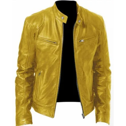 (M)Men's Motorcycle Leather Jacket Stand Collar Zipper Multi-Pocket