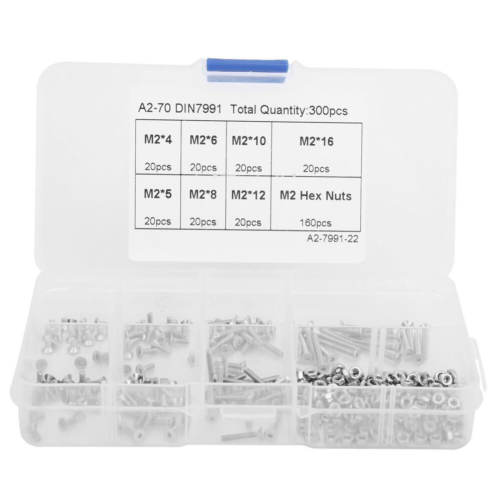 300pcs M2 Hex Screw and Nut Set Countersunk Head