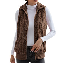 Womens Fuzzy Fleece Vest Zip Up Sherpa Jacket with Pockets Casual Warm Sleeveless Outwear in Soft Coffee Size S